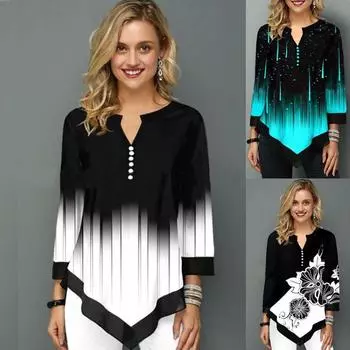 Женская мода с длинным рукавом, лето-осень, 3D-цифровой принт, V-образный вырез, нестандартная свободная футболка S белый