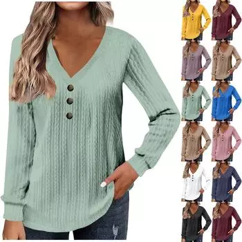 Женская мода с длинным рукавом однотонная футболка с v-образным вырезом и пуговицами повседневный топ с принтом L чёрный