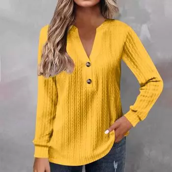 Женская мода с длинным рукавом однотонная футболка с v-образным вырезом и пуговицами повседневный топ с принтом S жёлтый