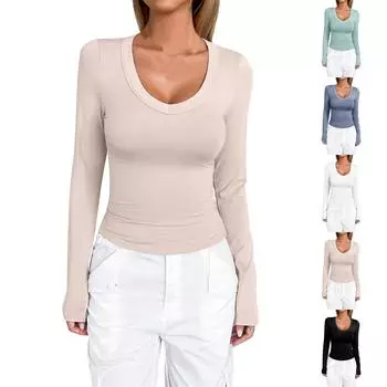 Женская мода с длинным рукавом, однотонный базовый пуловер с U-образным вырезом L чёрный