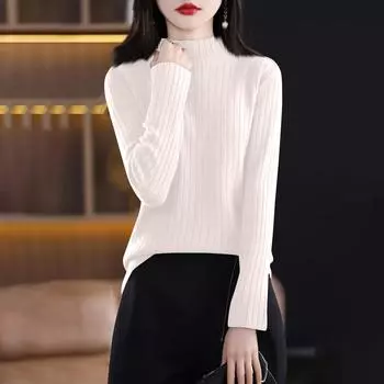 Женская мода с длинным рукавом однотонный пуловер водолазка базовый свитер топ L бежевый