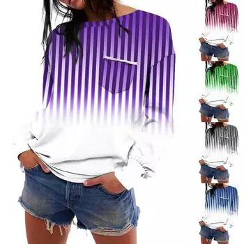 Женская мода с длинным рукавом, осенний градиентный полосатый принт, свободный топ с круглым вырезом и длинными рукавами XL зелёный