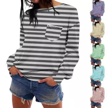 Женская мода с длинным рукавом, осенний полосатый принт, свободный топ с круглым вырезом и длинными рукавами M
