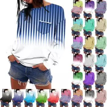 Женская мода с длинным рукавом, осенний полосатый принт, свободный топ с круглым вырезом и длинными рукавами L розовый