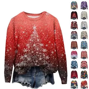 Женская мода с длинным рукавом плюшевый принтованный свитшот пуловер топ M