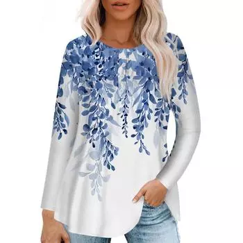 Женская мода с длинным рукавом повседневная футболка с круглым вырезом на пуговицах пэчворк плиссированный винтажный цветочный принт топ футболки женские S