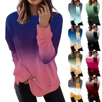Женская мода с длинным рукавом пуловер повседневная футболка с градиентным принтом свободный топ XXXXXL