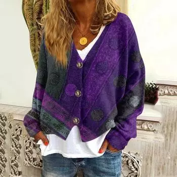 Женская мода с длинным рукавом, рождественский принт «Снеговик-снежинка», куртка, кардиган L темно-фиолетового