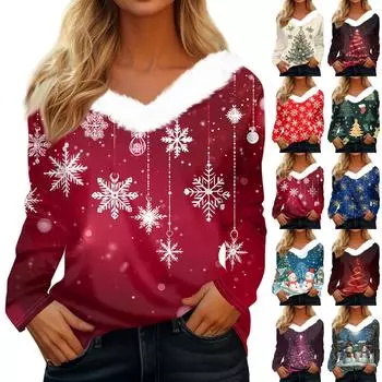 Женская мода с длинным рукавом, рождественский принт, плюшевый ворот, V-образный вырез, пуловер, топ L бежевый