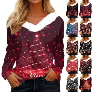 Женская мода с длинным рукавом, рождественский принт, плюшевый ворот, V-образный вырез, пуловер, топ XXXL