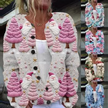Женская мода с длинным рукавом, рождественский принт «Снеговик-снежинка», куртка, кардиган L верблюд