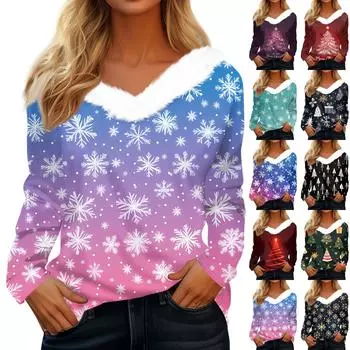 Женская мода с длинным рукавом, рождественский принт, плюшевый ворот, V-образный вырез, пуловер, топ XXXL фиолетовый