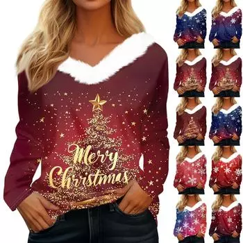 Женская мода с длинным рукавом, рождественский принт, плюшевый ворот, V-образный вырез, пуловер, топ L синий