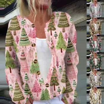 Женская мода с длинным рукавом, рождественский принт «елка-снежинка», куртка, кардиган XL бежевый