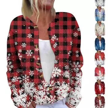 Женская мода с длинным рукавом, рождественский принт «Снеговик-снежинка», куртка, кардиган M
