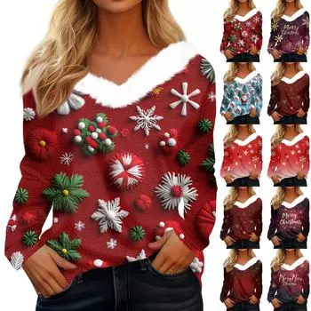 Женская мода с длинным рукавом, рождественский принт, плюшевый ворот, V-образный вырез, пуловер, топ XXL белый