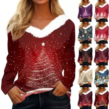 Женская мода с длинным рукавом, рождественский принт, плюшевый ворот, V-образный вырез, пуловер, топ S синий