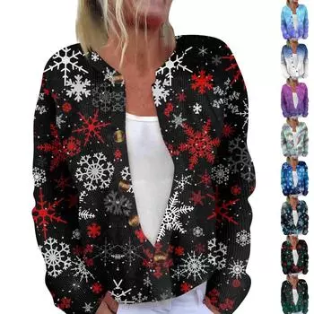 Женская мода с длинным рукавом, рождественский принт «Снеговик-снежинка», куртка, кардиган XXXL
