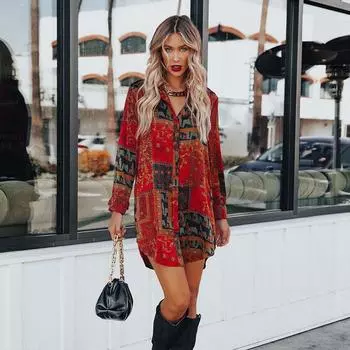 Женская мода с длинным рукавом, рубашка в стиле ретро с принтом, блузка, топ S красный