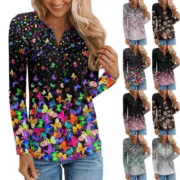 Женская мода с длинным рукавом, рукавом-плунжером, V-образным вырезом, цветочным принтом, повседневный топ L чёрный