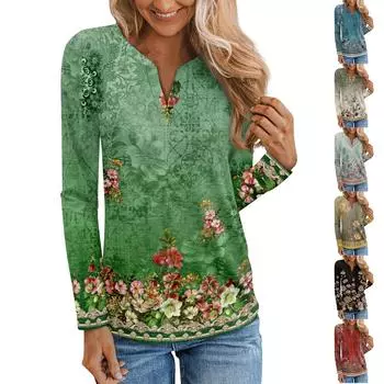 Женская мода с длинным рукавом, рукавом-плунжером, V-образным вырезом, цветочным принтом, повседневный топ M синий