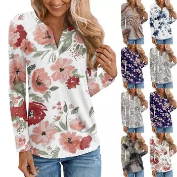 Женская мода с длинным рукавом, рукавом-плунжером, V-образным вырезом, цветочным принтом, повседневный топ M синий