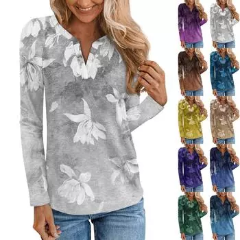 Женская мода с длинным рукавом, рукавом-плунжером, V-образным вырезом, цветочным принтом, повседневный топ L бежевый