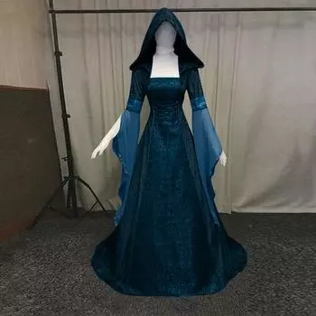 Женская мода с длинным рукавом с капюшоном готическое платье длиной до пола, платье для косплея L темно-синий