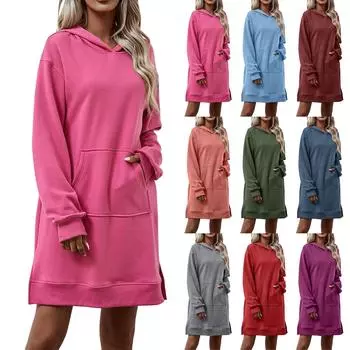 Женская мода с длинным рукавом с капюшоном и большим карманом с разрезом, длинные платья-толстовки L синий
