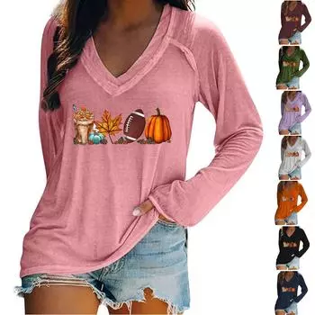 Женская мода с длинным рукавом с v-образным вырезом и мелким принтом, повседневная свободная футболка, топ L
