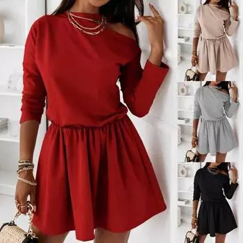 Женская мода с длинным рукавом сплошной цвет собрать талию повседневное мини-платье S хаки