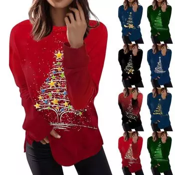 Женская мода с длинным рукавом, свитер, повседневная футболка, рождественский принт, свободный топ M синий