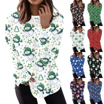 Женская мода с длинным рукавом, свитер, повседневная футболка, рождественский принт, свободный топ XL чёрный