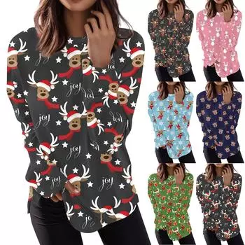 Женская мода с длинным рукавом, свитер, повседневная футболка, рождественский принт, свободный топ S