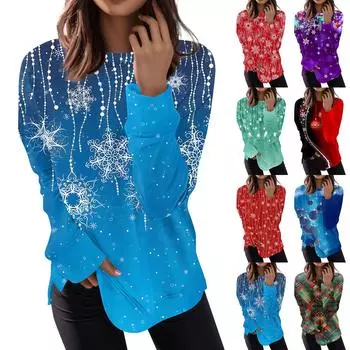 Женская мода с длинным рукавом, свитер, повседневная футболка, рождественский принт, свободный топ L синий