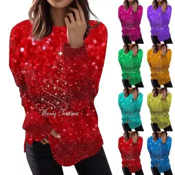 Женская мода с длинным рукавом, свитер, повседневная футболка, рождественский принт, свободный топ L оранжевый