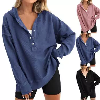 Женская мода с длинным рукавом, толстовка с капюшоном, на пуговицах, с V-образным вырезом, с разрезом сбоку, повседневный пуловер, топы M синий