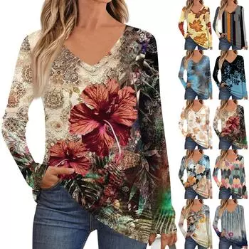 Женская мода с длинным рукавом, V-образным вырезом, пуловер, напечатанная футболка, топ с карманом M