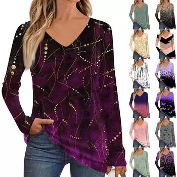 Женская мода с длинным рукавом, V-образным вырезом, пуловер, напечатанная футболка, топ с карманом XXL