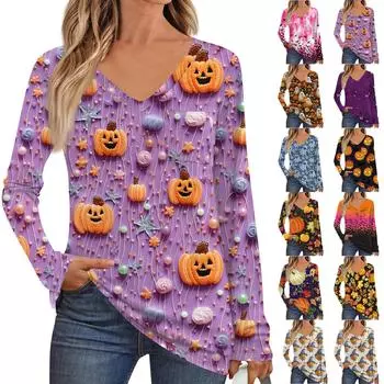 Женская мода с длинным рукавом, V-образным вырезом, пуловер, напечатанная футболка, топ с карманом XXXL