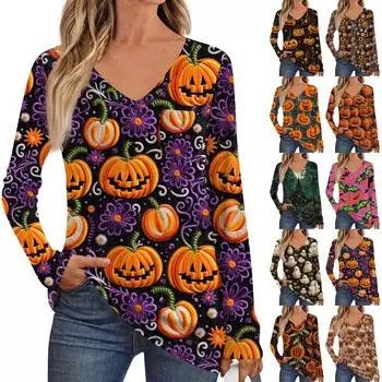 Женская мода с длинным рукавом, V-образным вырезом, пуловер, напечатанная футболка, топ с карманом L фиолетовый