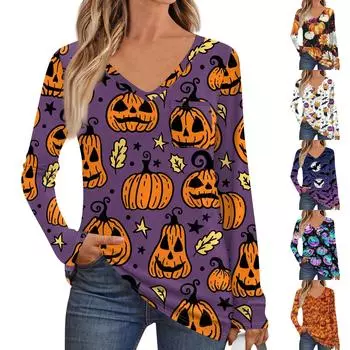 Женская мода с длинным рукавом, V-образным вырезом, пуловер, напечатанная футболка, топ с карманом XL