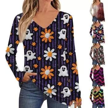 Женская мода с длинным рукавом, V-образным вырезом, пуловер, напечатанная футболка, топ с карманом XXL