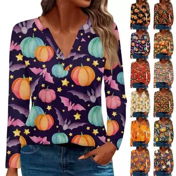 Женская мода с длинным рукавом V-образным вырезом и принтом на Хэллоуин в стиле кэжуал L армия зеленый