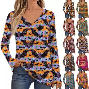 Женская мода с длинным рукавом, V-образным вырезом, пуловер, напечатанная футболка, топ с карманом M