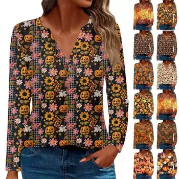 Женская мода с длинным рукавом V-образным вырезом и принтом на Хэллоуин в стиле кэжуал L