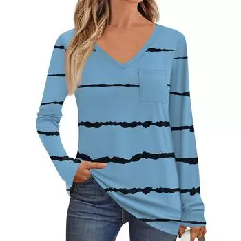 Женская мода с длинным рукавом, V-образным вырезом, пуловер, напечатанная футболка, топ с карманом XL синий
