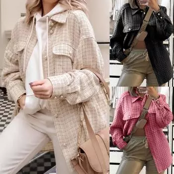 Женская мода с длинным рукавом в клетку и карманом, рубашка, куртка, пальто L чёрный