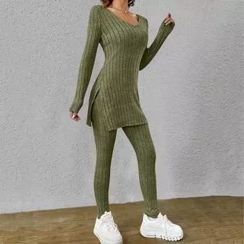 Женская мода с длинным рукавом, весенний повседневный костюм с длинным рукавом и V-образным вырезом, свободные брюки L армия зеленый
