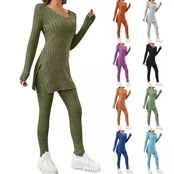 Женская мода с длинным рукавом, весенний повседневный костюм с длинным рукавом и V-образным вырезом, свободные брюки M